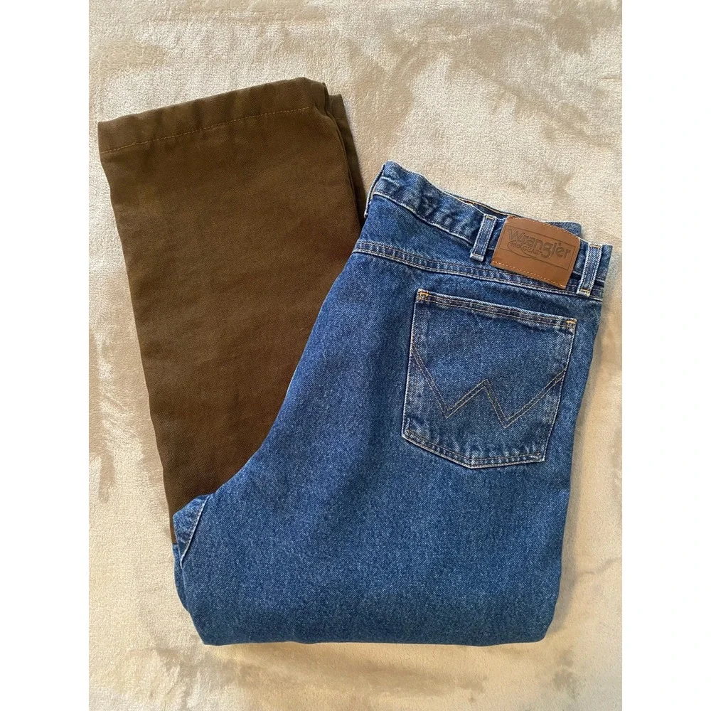 Wrangler Jeans Sz 40x32 Blue Denim Brown Canvas Block Panel Heavy Duty Workwear